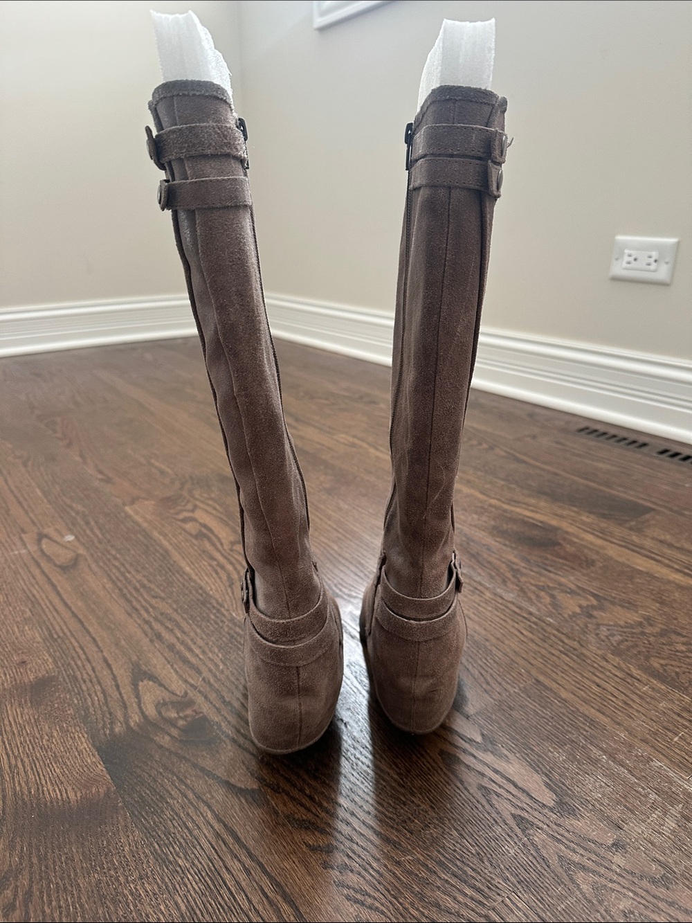 Fergie Taupe Suede Knee Boots with Wrap Strap Detail - Picture 2 of 4